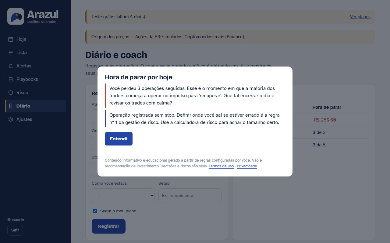 Janela do coach do Arazul, com mensagens de acompanhamento e o aviso legal no fim da janela.