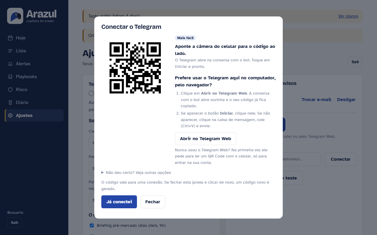 Janela de conexão do Telegram do Arazul, com o QR de exemplo, os passos e o aviso legal no fim da janela.